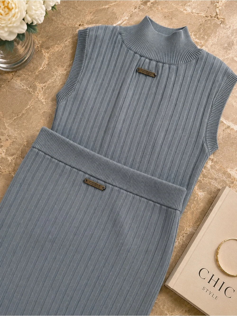 GUESS Ribbed Knit Two-Piece Set – Dusty Blue